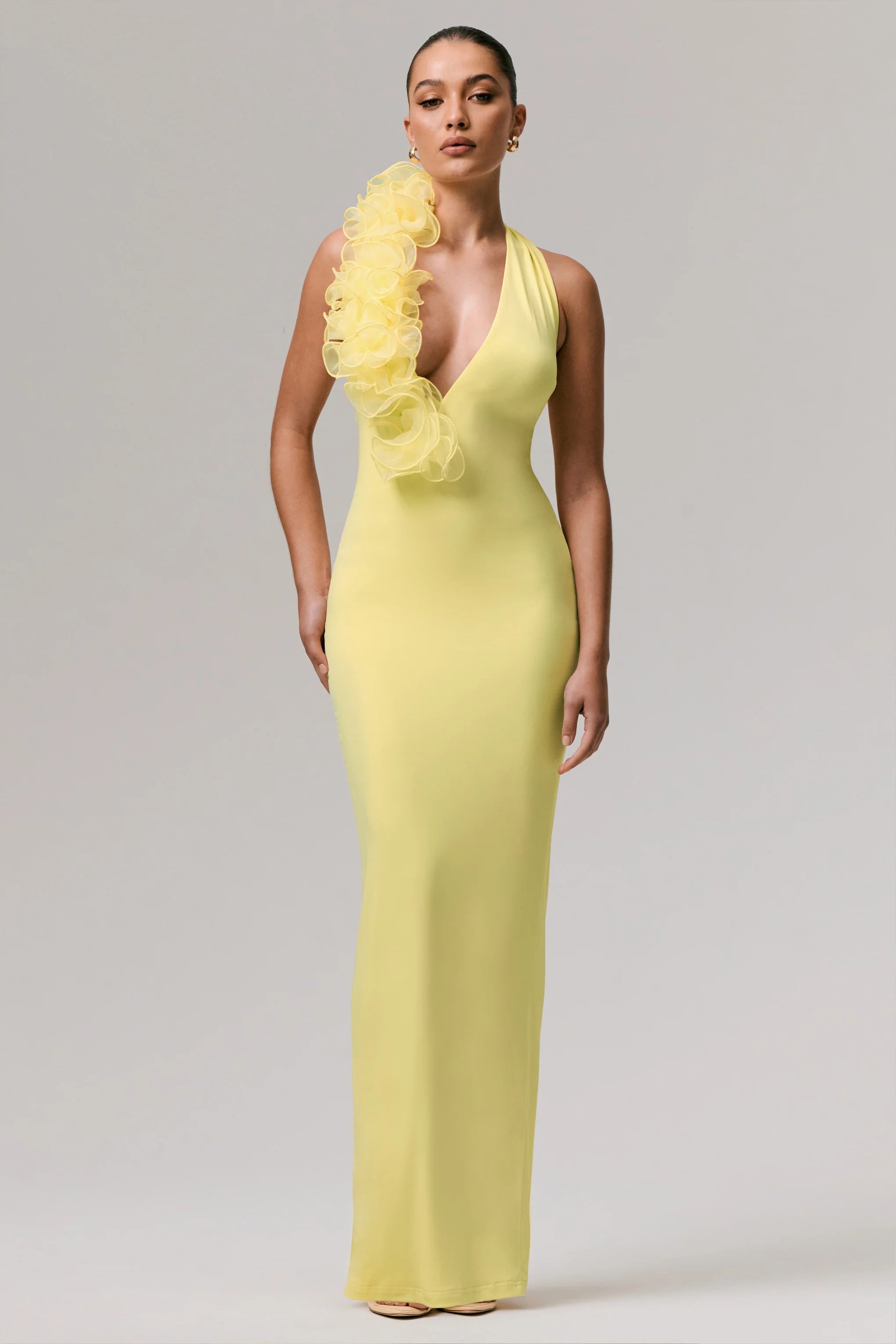 Harriet Lemon Plunge Neck Maxi Dress With Floral Detail