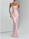 Women Wedding Guest Dress Satin Corset Top Elegant Maxi Dresses with Sheer Scarf Evening Gown