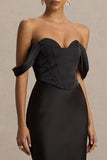 Perenna Black Satin Sweetheart Neck Maxi Dress With Draped Sleeves