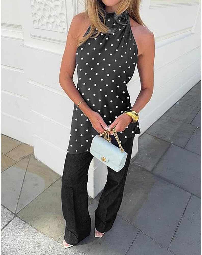 Women Polka Dot Satin Halter Top Backless Side Slit Tank Tops Going Out Clubwear