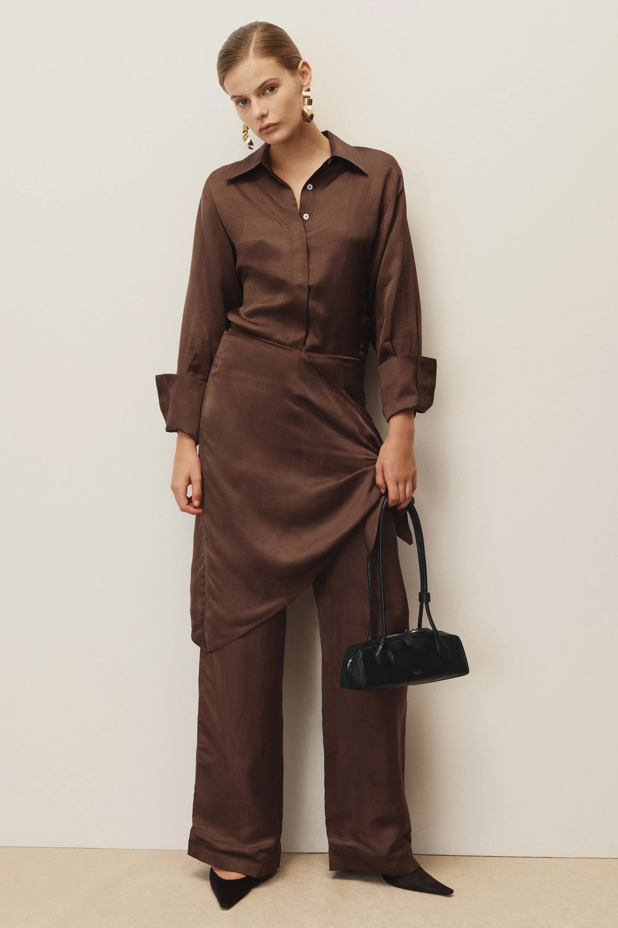 Gia Long Sleeve Satin Shirt Chocolate