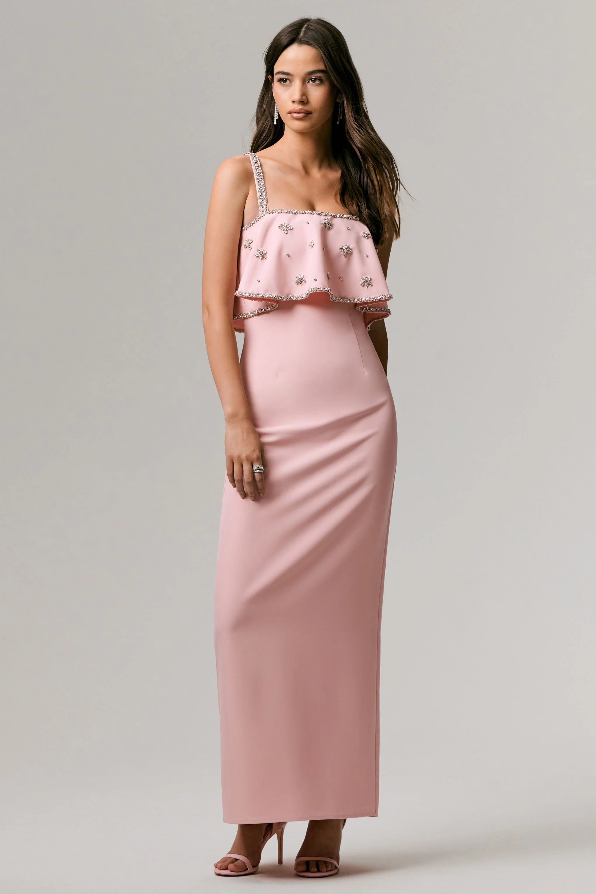 Scarlet Pale Pink Square Neck Embellished Maxi Dress