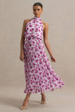 Refractive Purple Floral Print Satin Maxi Dress With Halter Neck and Pleated Skirt