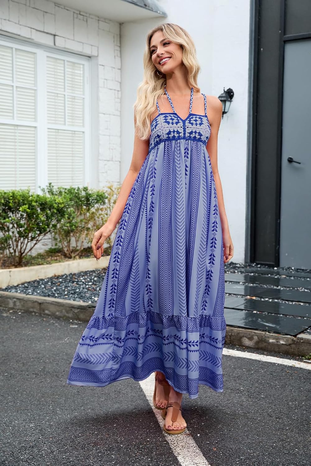 Women Boho Maxi Dress Crochet Patchwork Sleeveless Long Flowy Swing Dress Pink Beach Sundresses