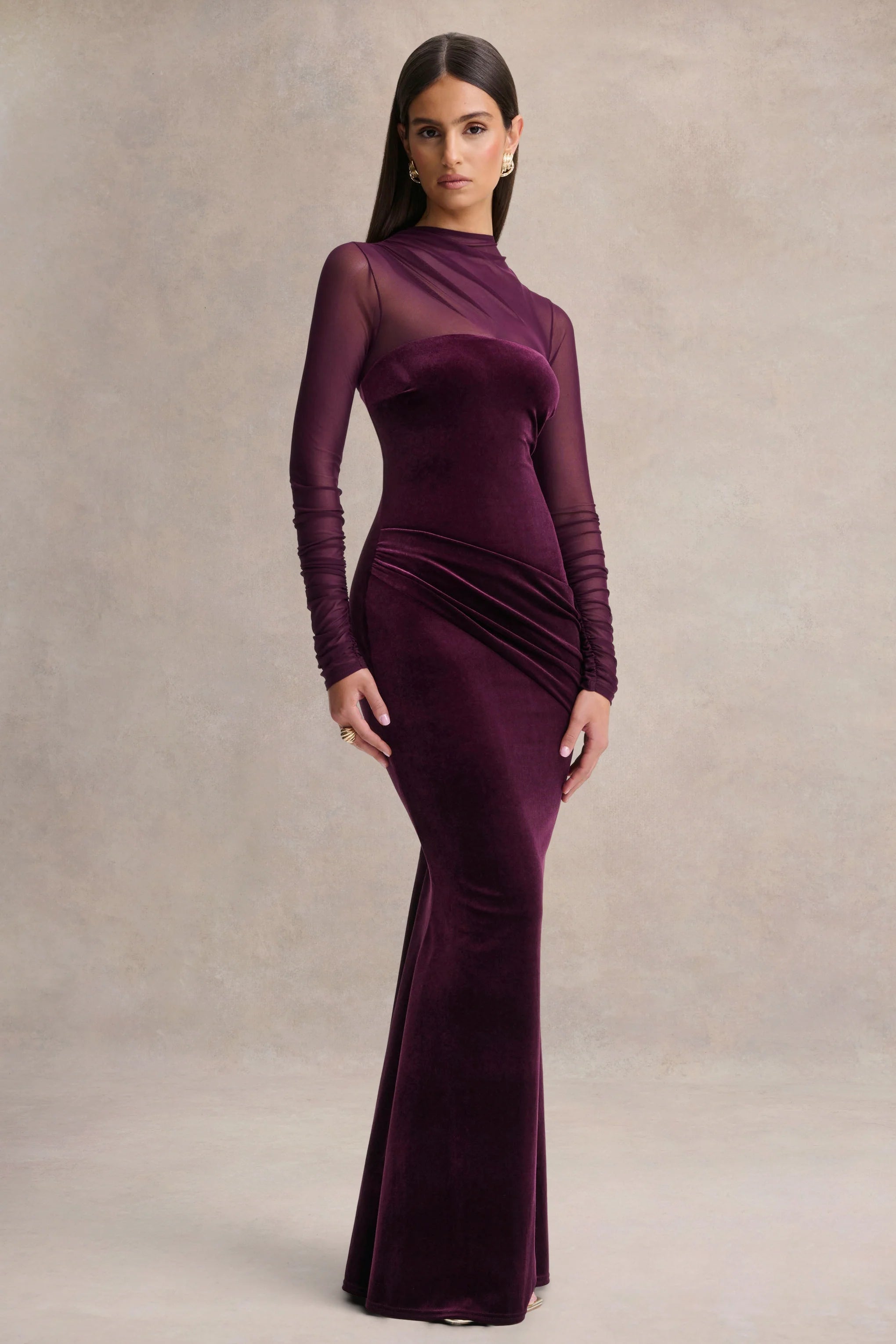 Cambria Plum Velvet High Neck Maxi Dress With Draped Detailing