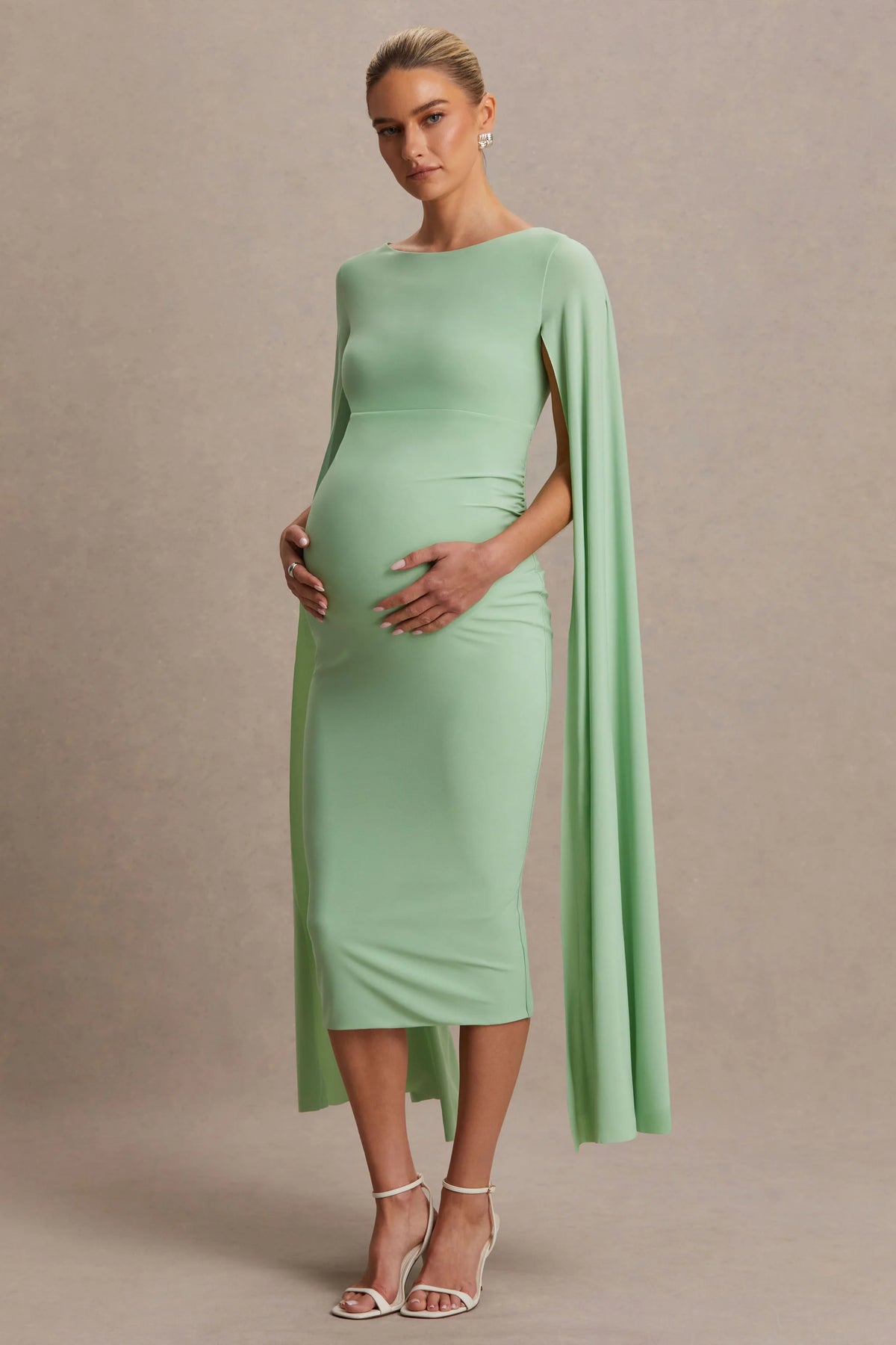 Providence Light Green High Neck Maternity Midi Dress With Cape Sleeves