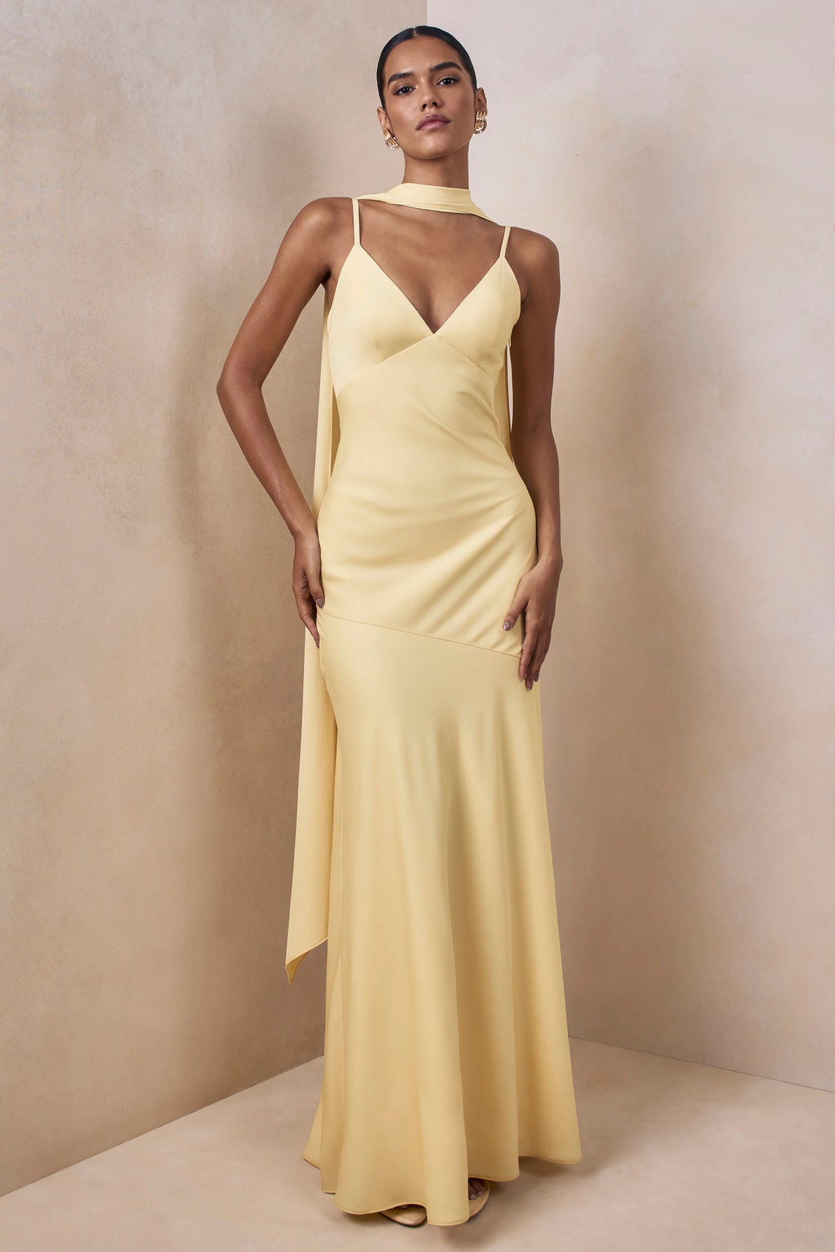 Starling Lemon Matte Satin Plunge Neck Maxi Dress With Scarf Detail