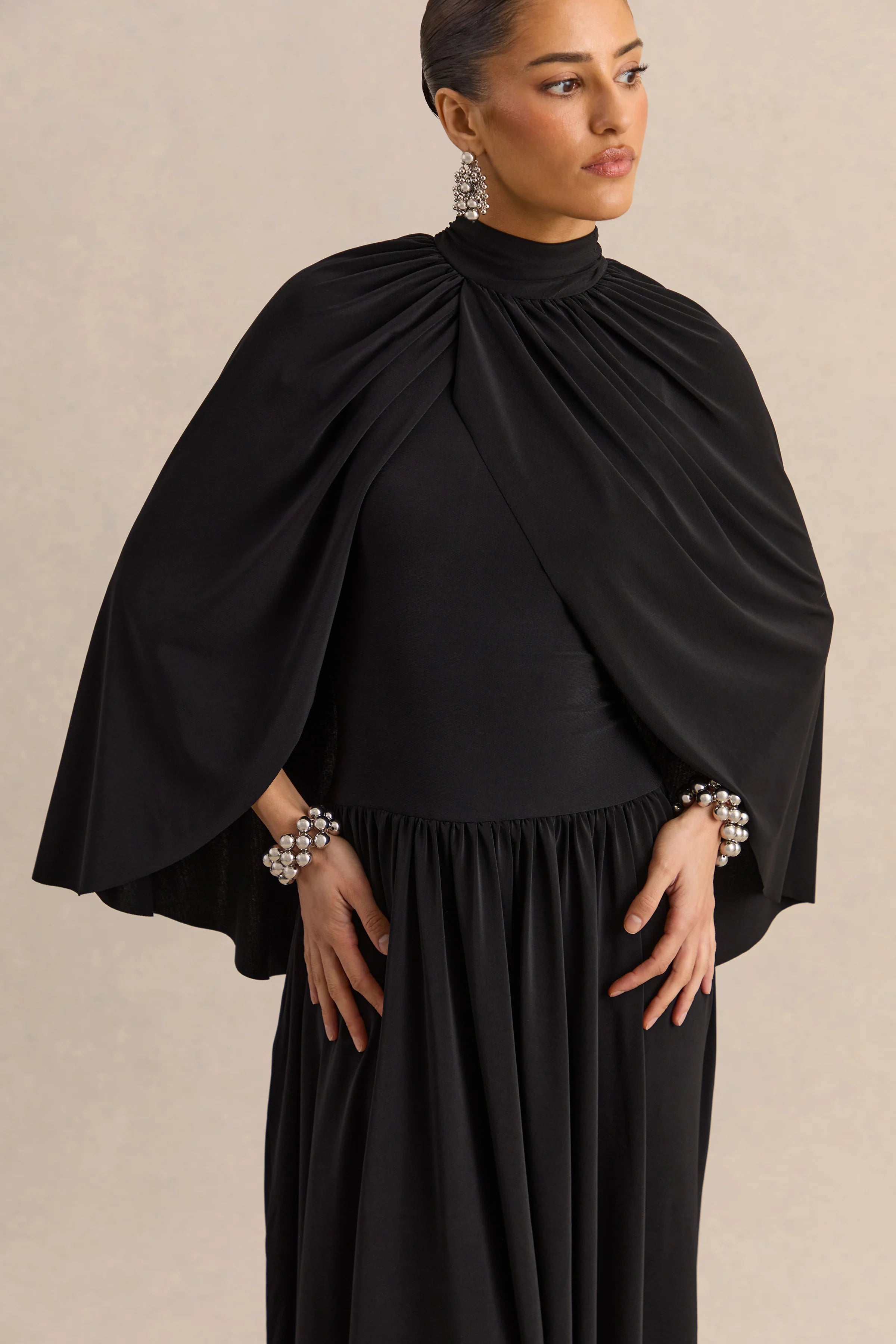 Honora Black High Neck Midi Dress With Cape Sleeves
