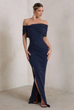 Eva Navy Bardot Bow Detail Maxi Dress With Thigh Split