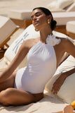 Undiscovered White High Neck Swimsuit With Corsage