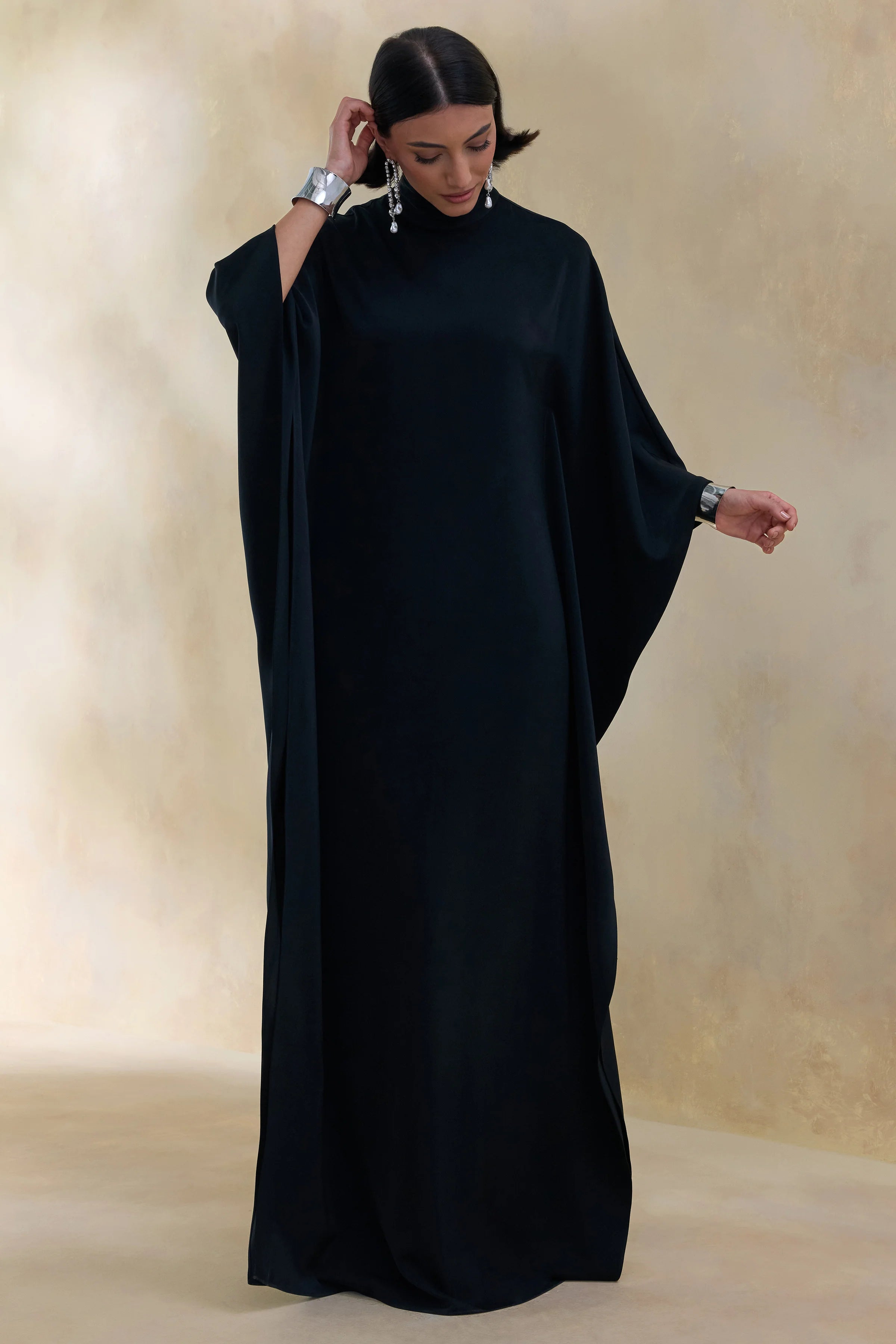 Lumisette Black Satin High Neck Maxi Dress With Cape
