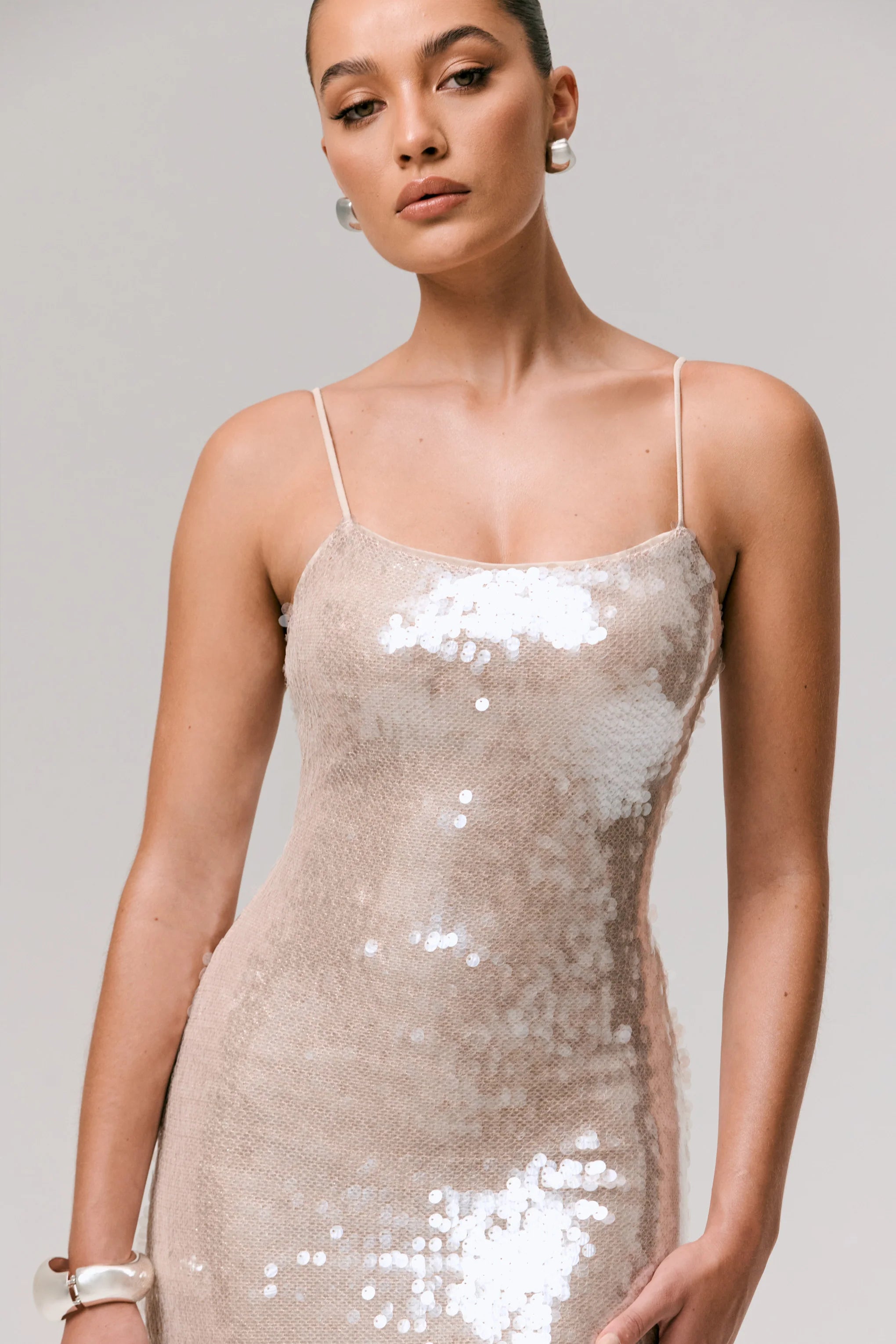 Vermont Nude Sequin Square Neck Maxi Dress