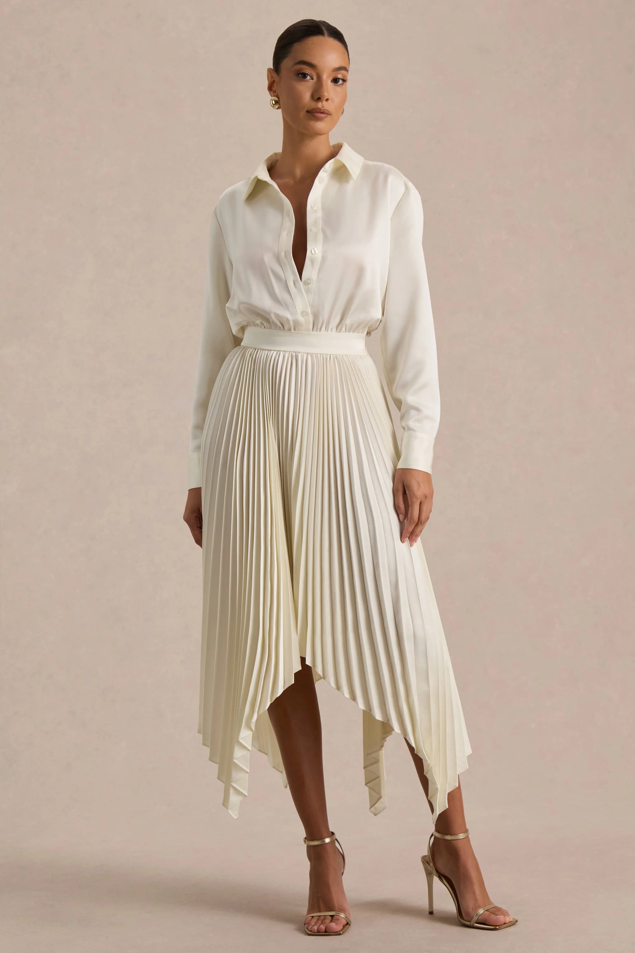Naxos Cream Satin Shirt Maxi Dress With Pleated Skirt