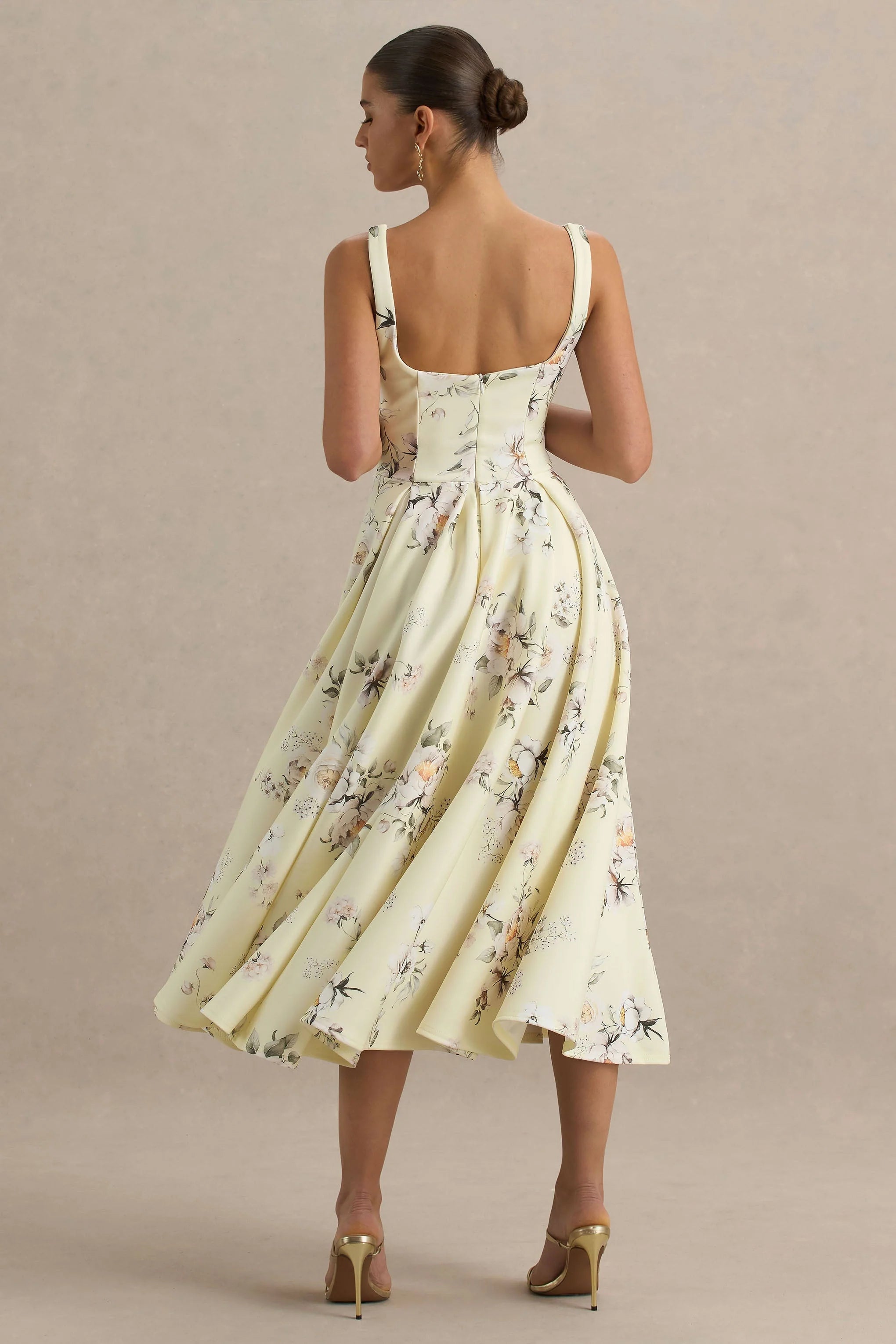 Lissa Lemon Floral Bouquet Print Square Neck Midi Dress