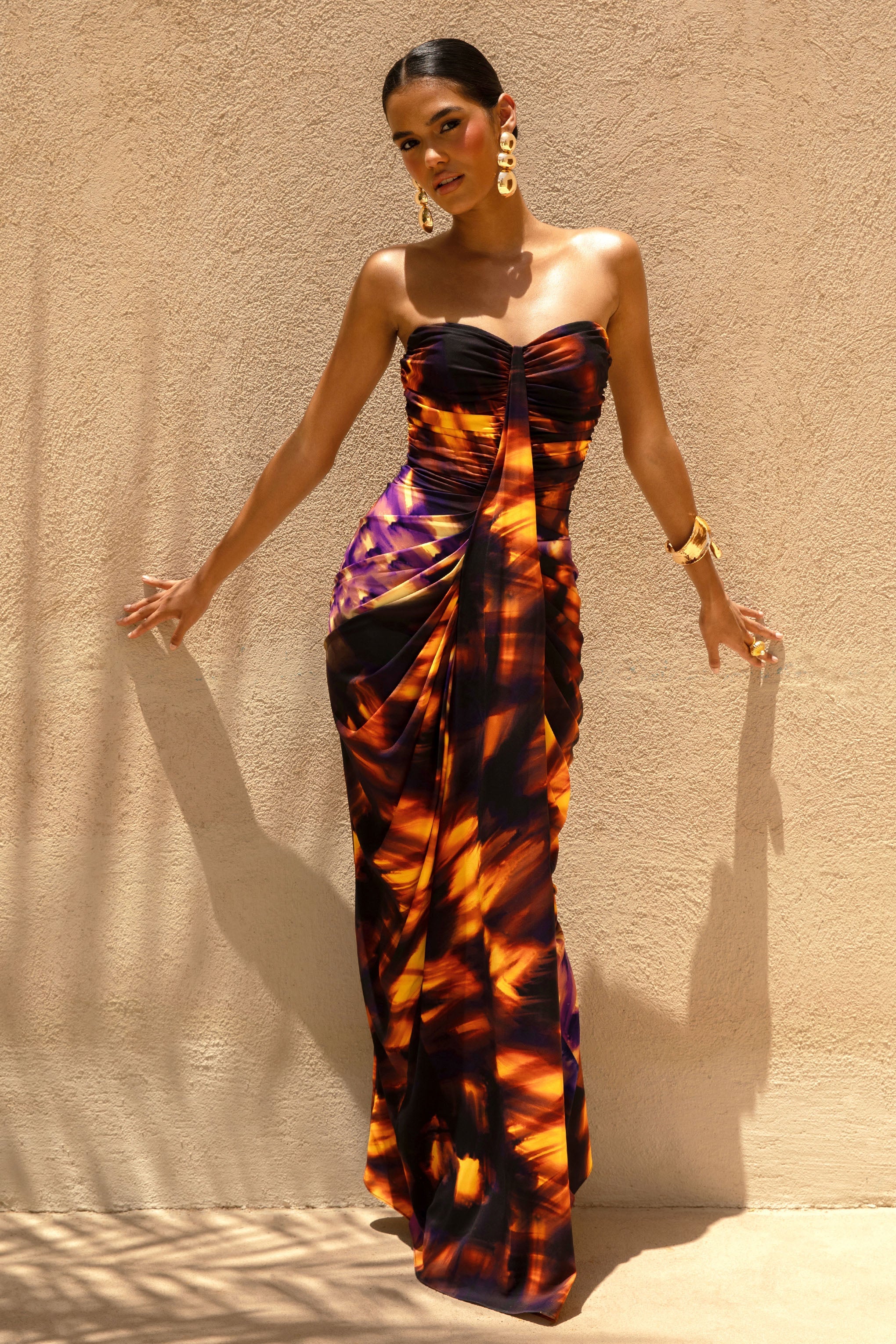 Nyra Smoke Print Sweetheart Ruched Maxi Dress