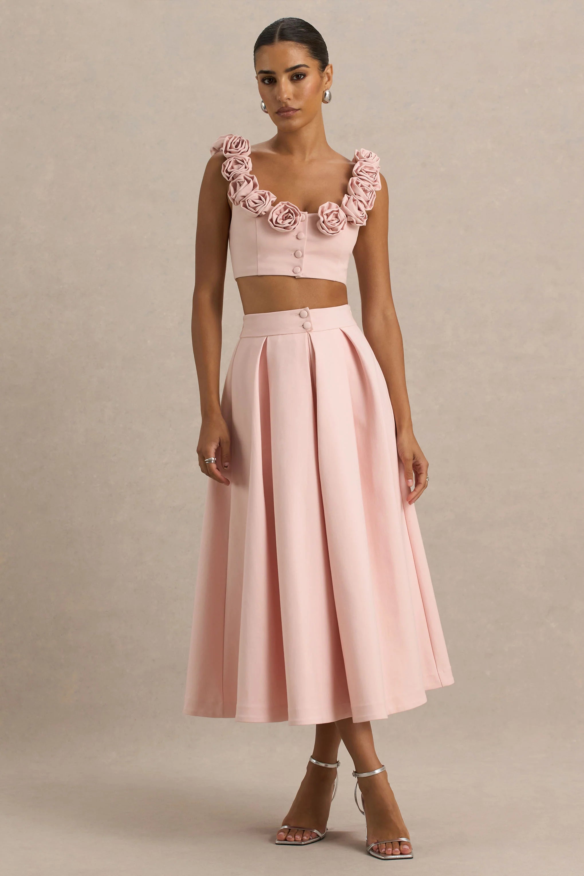 Sara Baby Pink Midi Skirt With Buttons