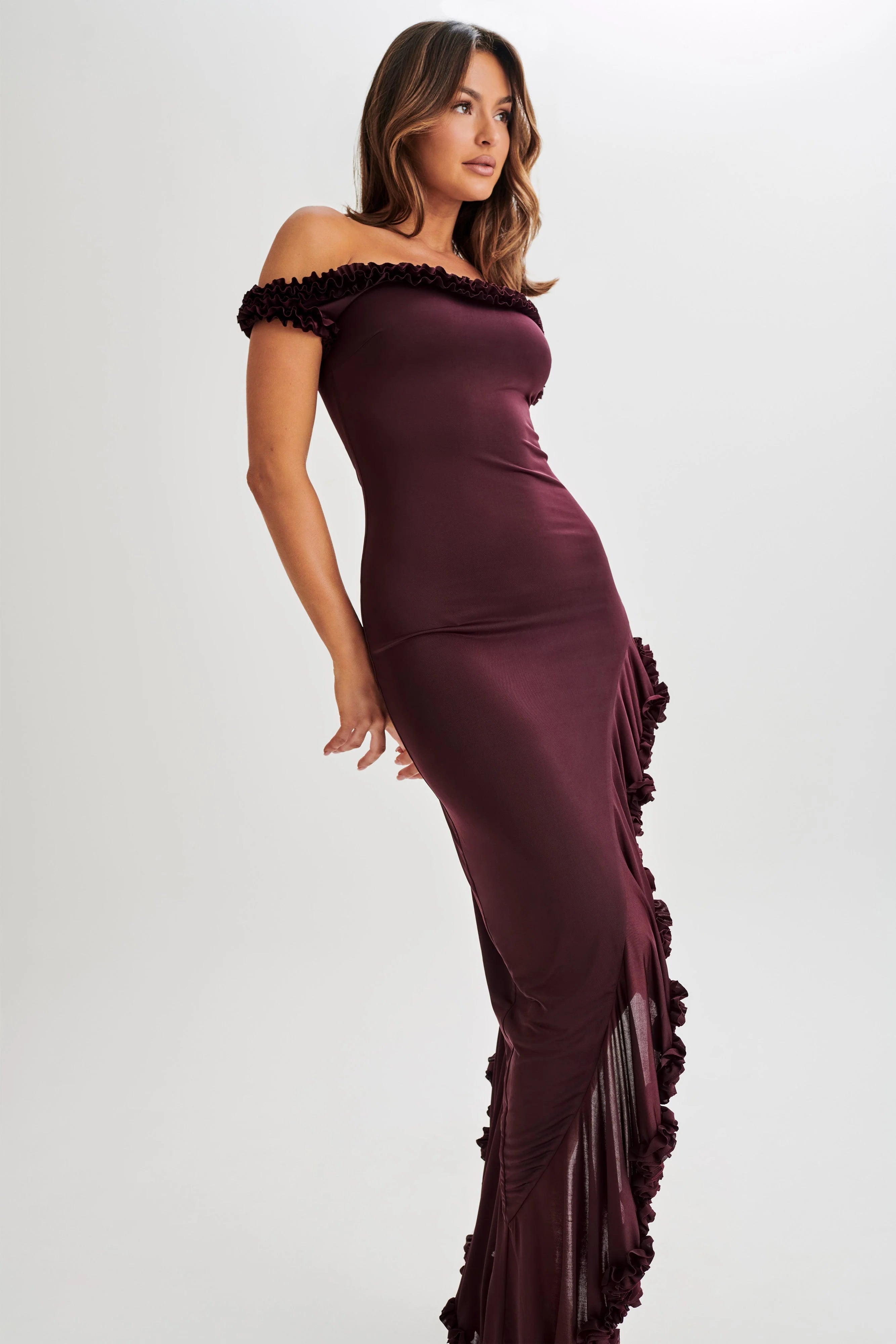 Arielle Off Shoulder Ruffle Midi Dress Plum