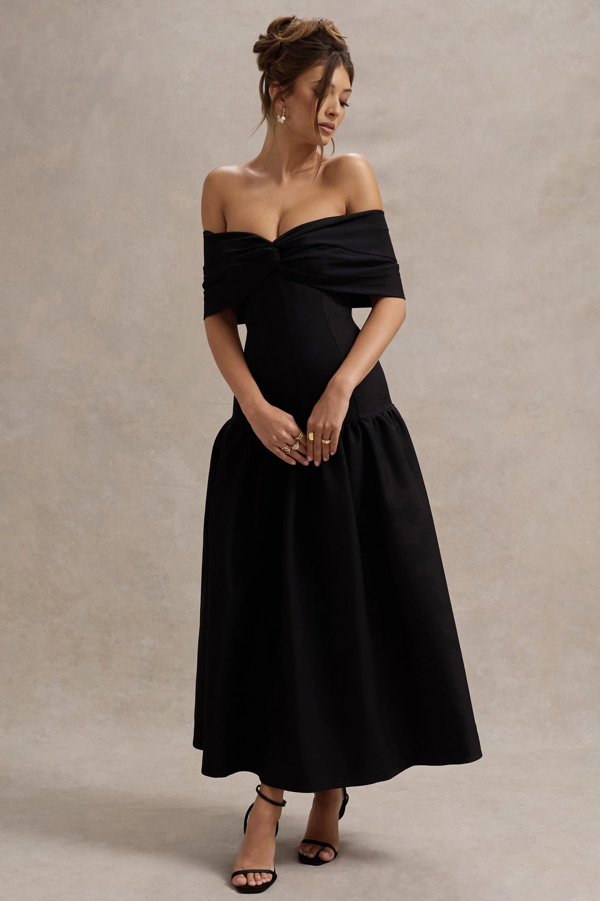 Marguerite Black Twisted Bardot Drop Waist Maxi Dress