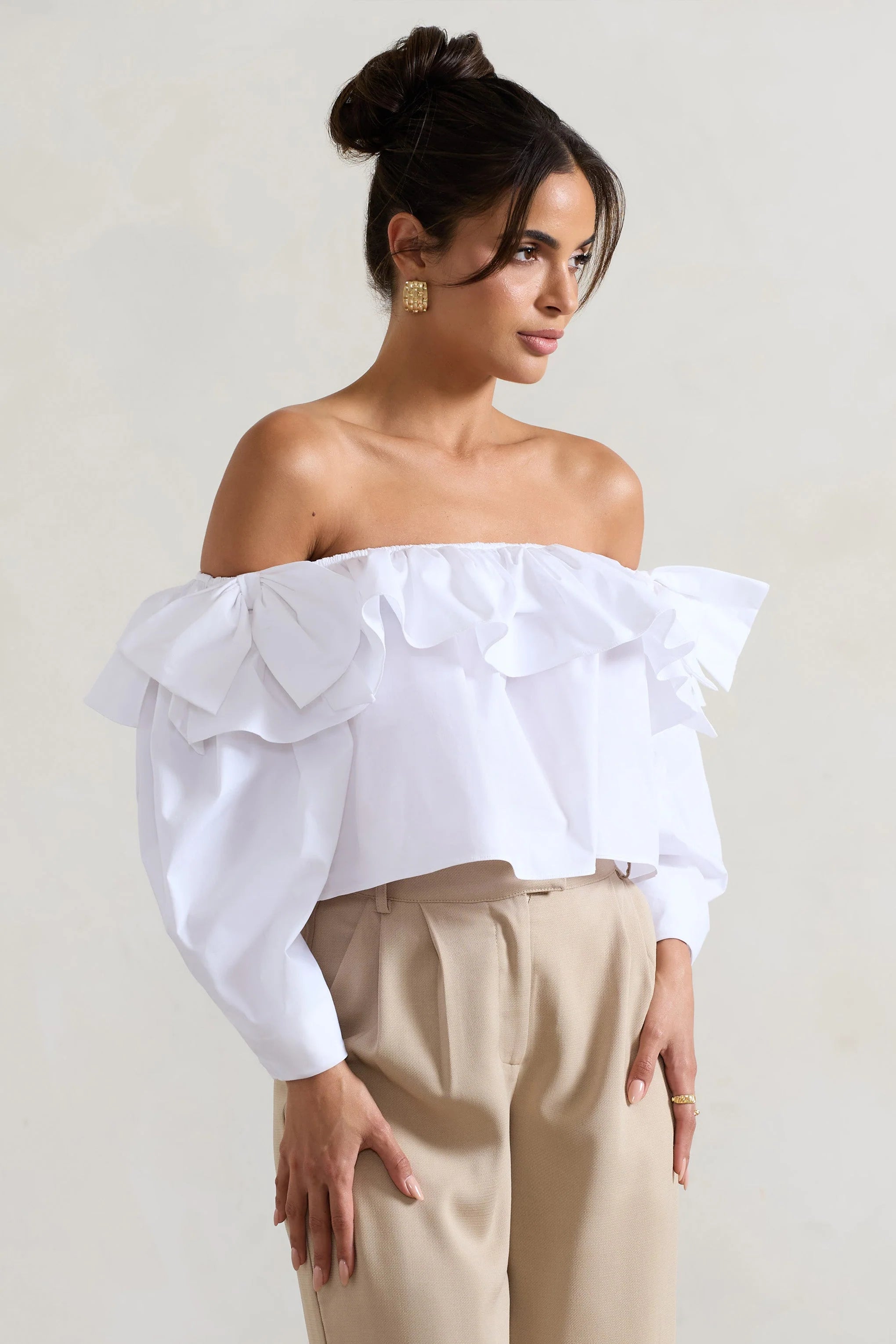Cove White Bardot Puff Sleeve Ruffle Top With Bows