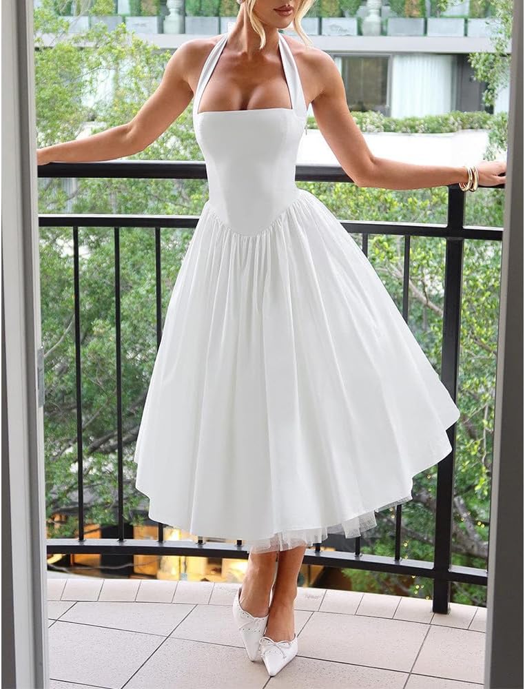 Women Halter Midi Dress Corset Back Layered Tulle Skirt A Line Formal Dresses Wedding Guest Bridal Shower