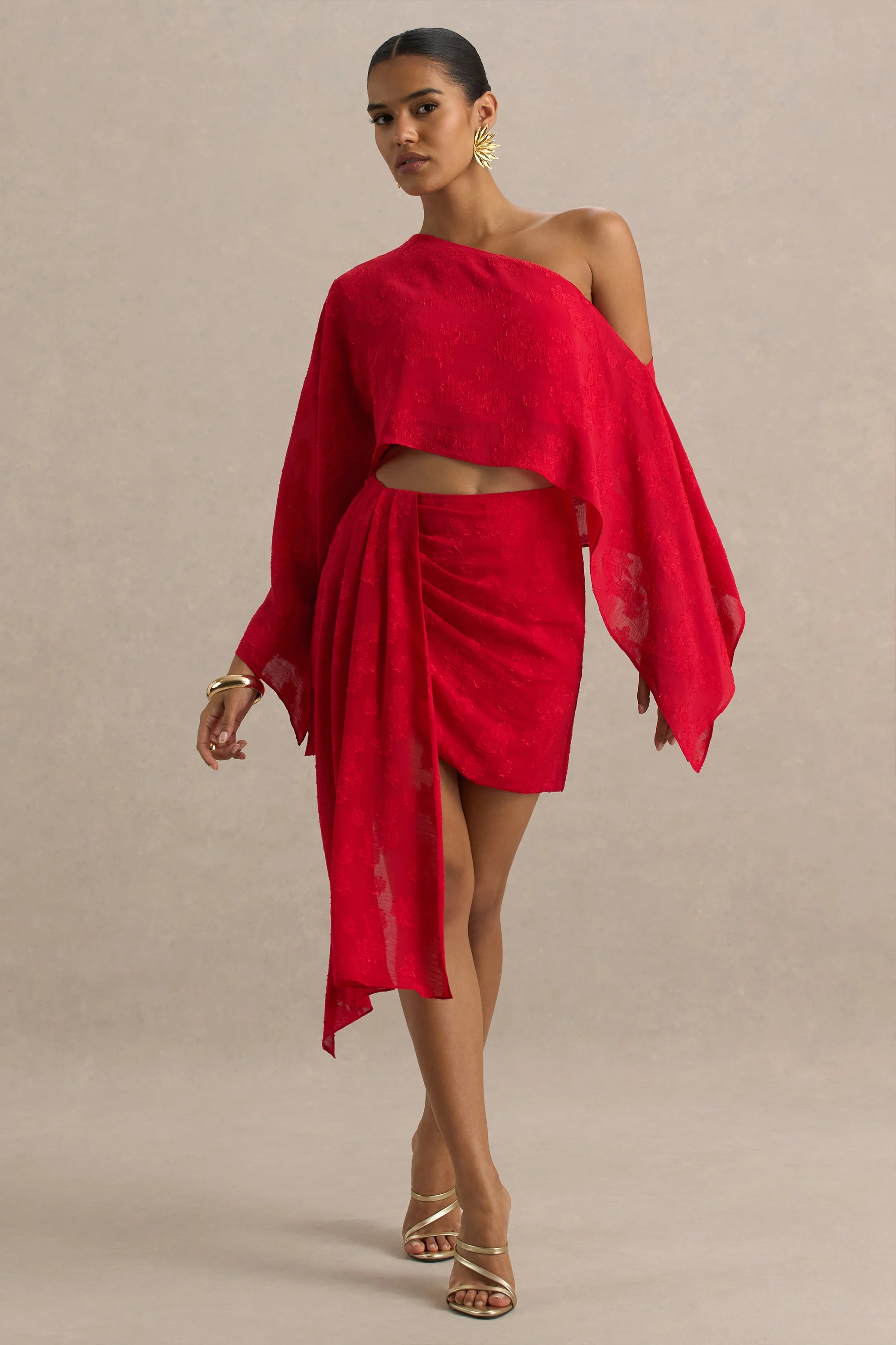 Melania Red Satin Devore Wrap Mini Skirt With Sash Detail
