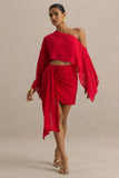 Melania Red Satin Devore Wrap Mini Skirt With Sash Detail