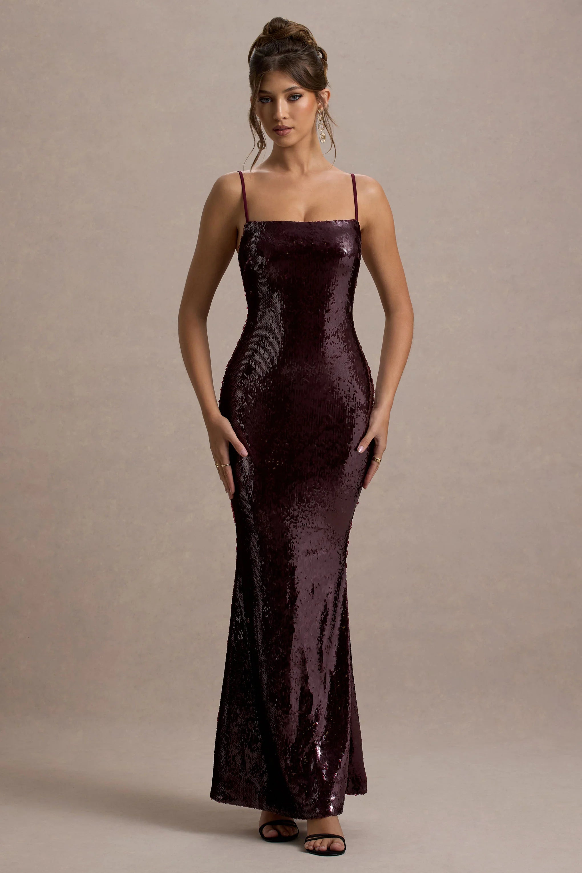 Crystalline Berry Sequin Strappy Maxi Dress