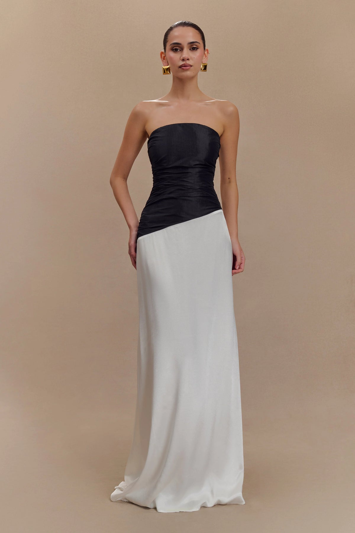 Serena Strapless Taffeta Maxi Dress White Black