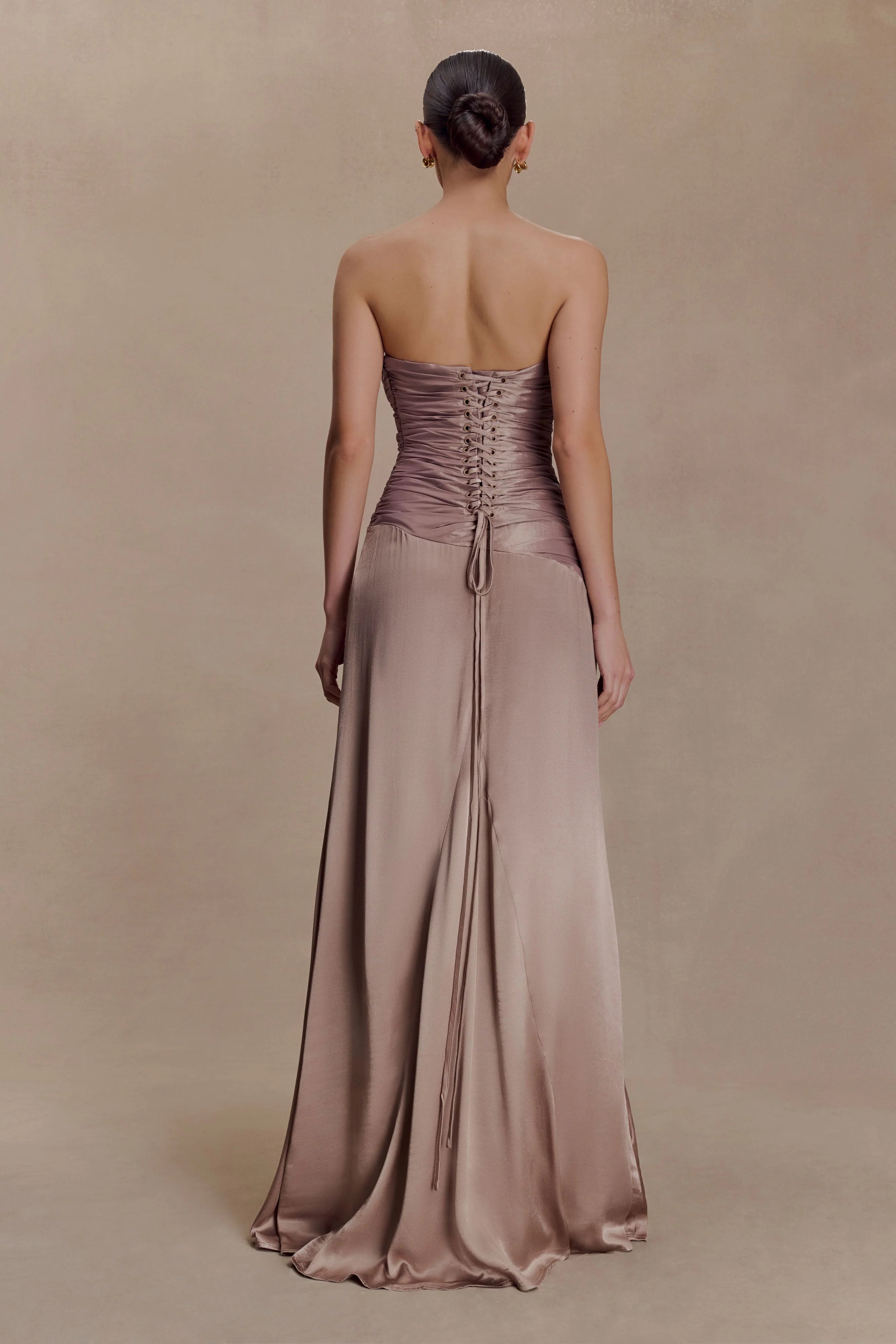 Serena Strapless Taffeta Maxi Dress Bronze Taupe