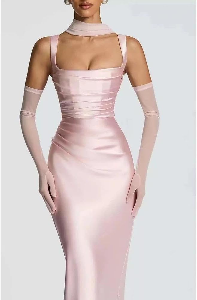 Women Wedding Guest Dress Satin Corset Top Elegant Maxi Dresses with Sheer Scarf Evening Gown