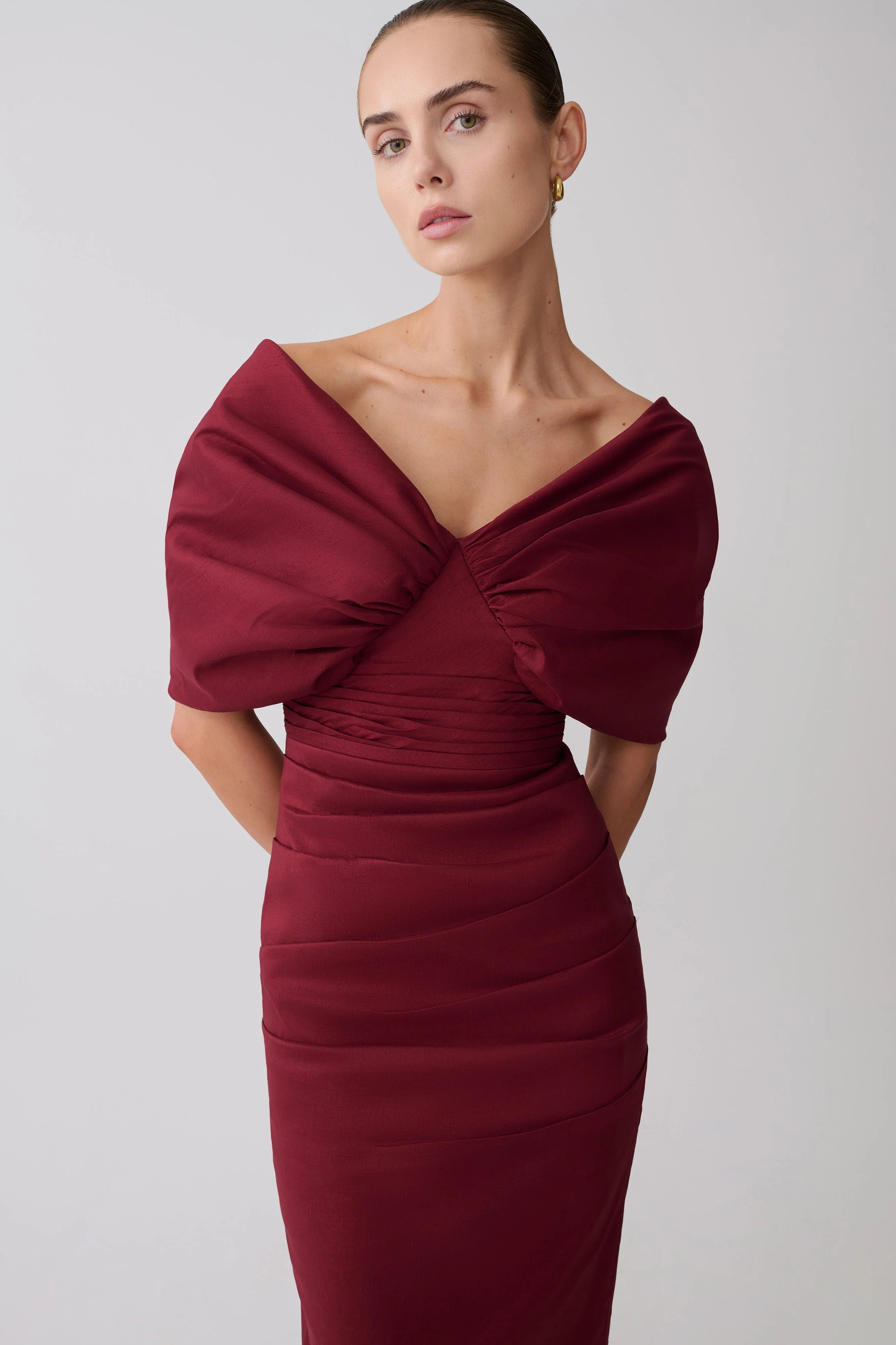 Thelma Bardot Maxi Dress Wine