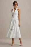 Jezebel White Lace Plunge Neck Collared Midi Dress