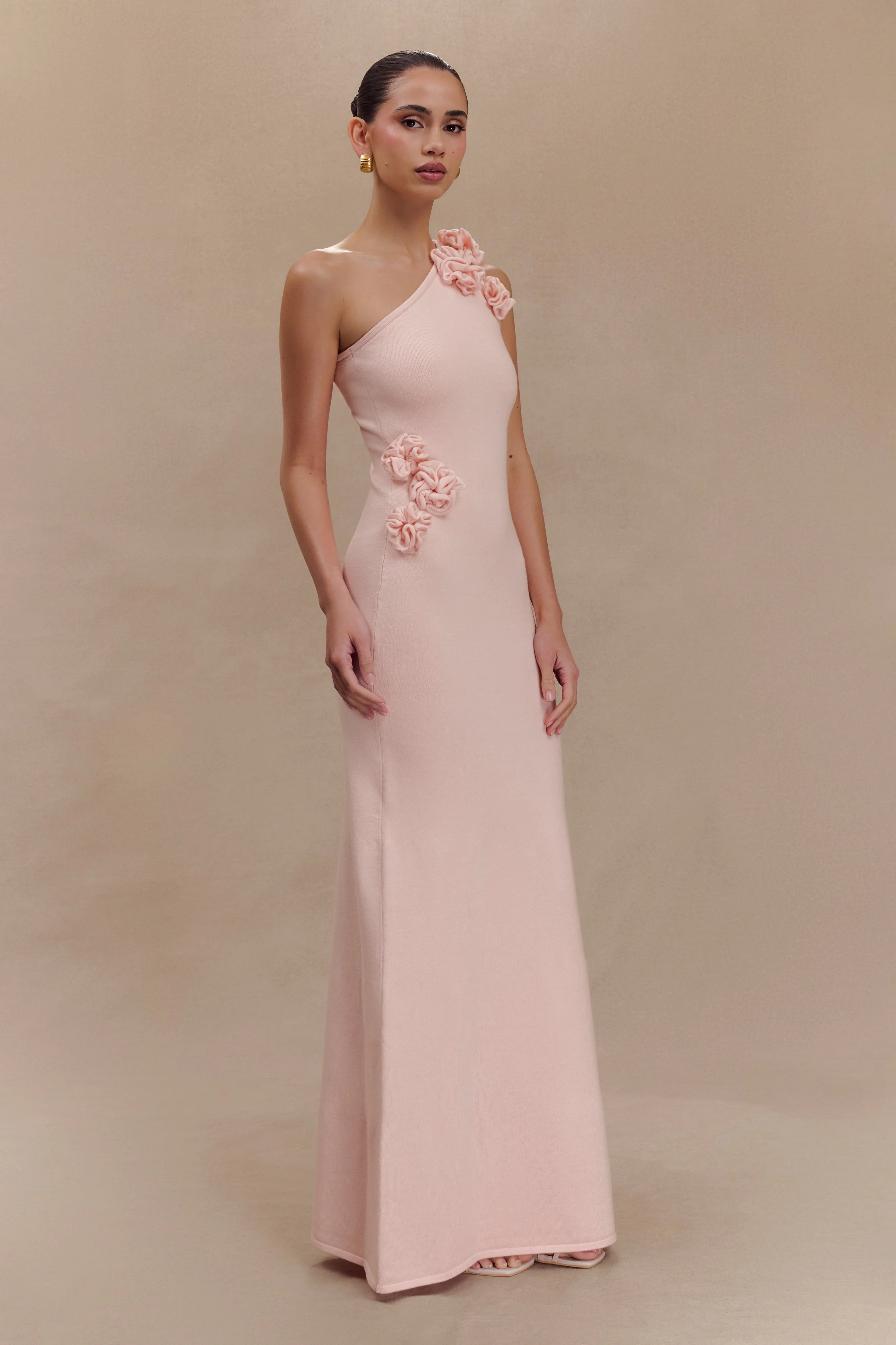 Paloma One Shoulder Knit Maxi Dress With Flowers Baby Pink