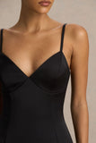 Elara Black Satin Plunge Neck Mini Dress