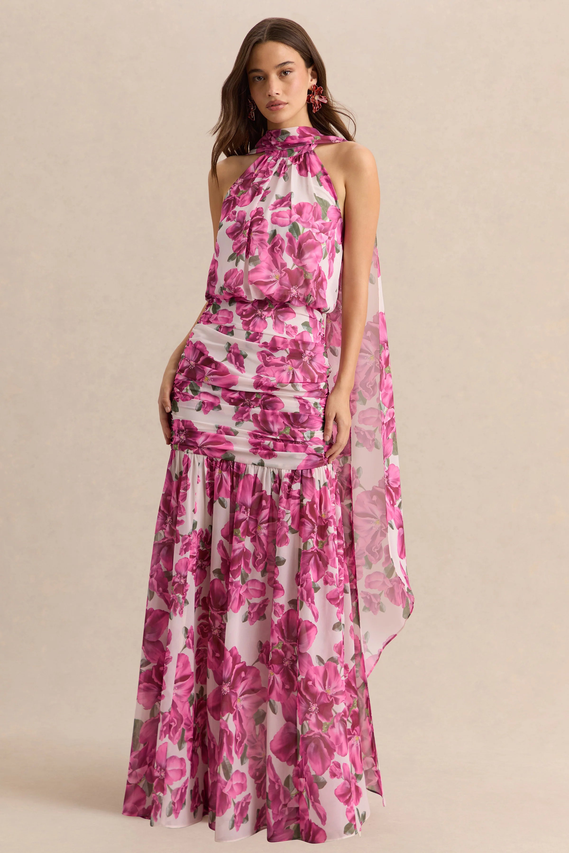 Veronique Pink Hibiscus Floral Halter Neck Maxi Dress