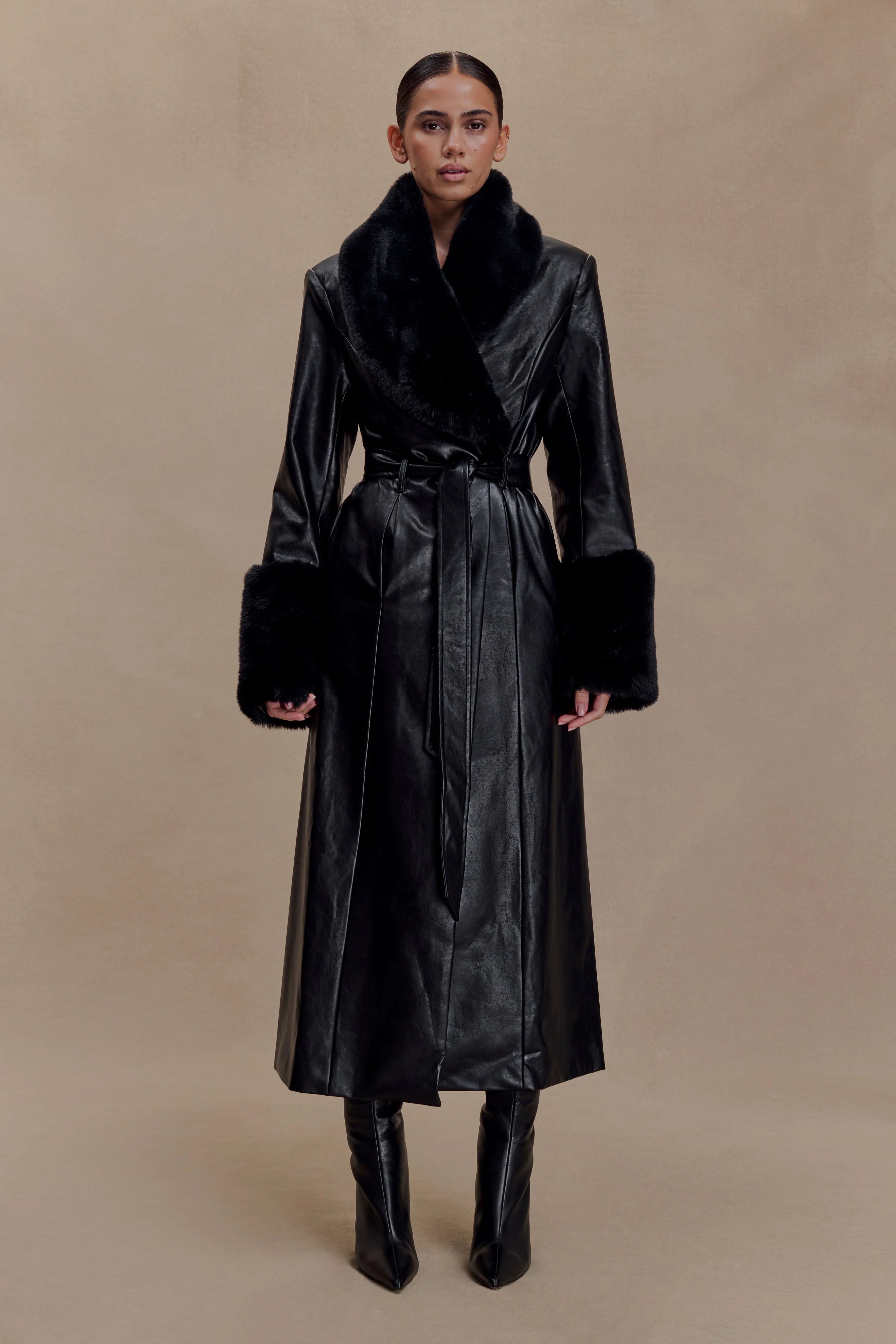 Bec Faux Leather Trench Coat With Faux Fur Black