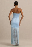 Trinity Powder Blue Satin Bandeau Maxi Dress With Fringe