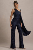 Star Seeker Navy Sequin One Shoulder Cape Sleeve Jumpsuit
