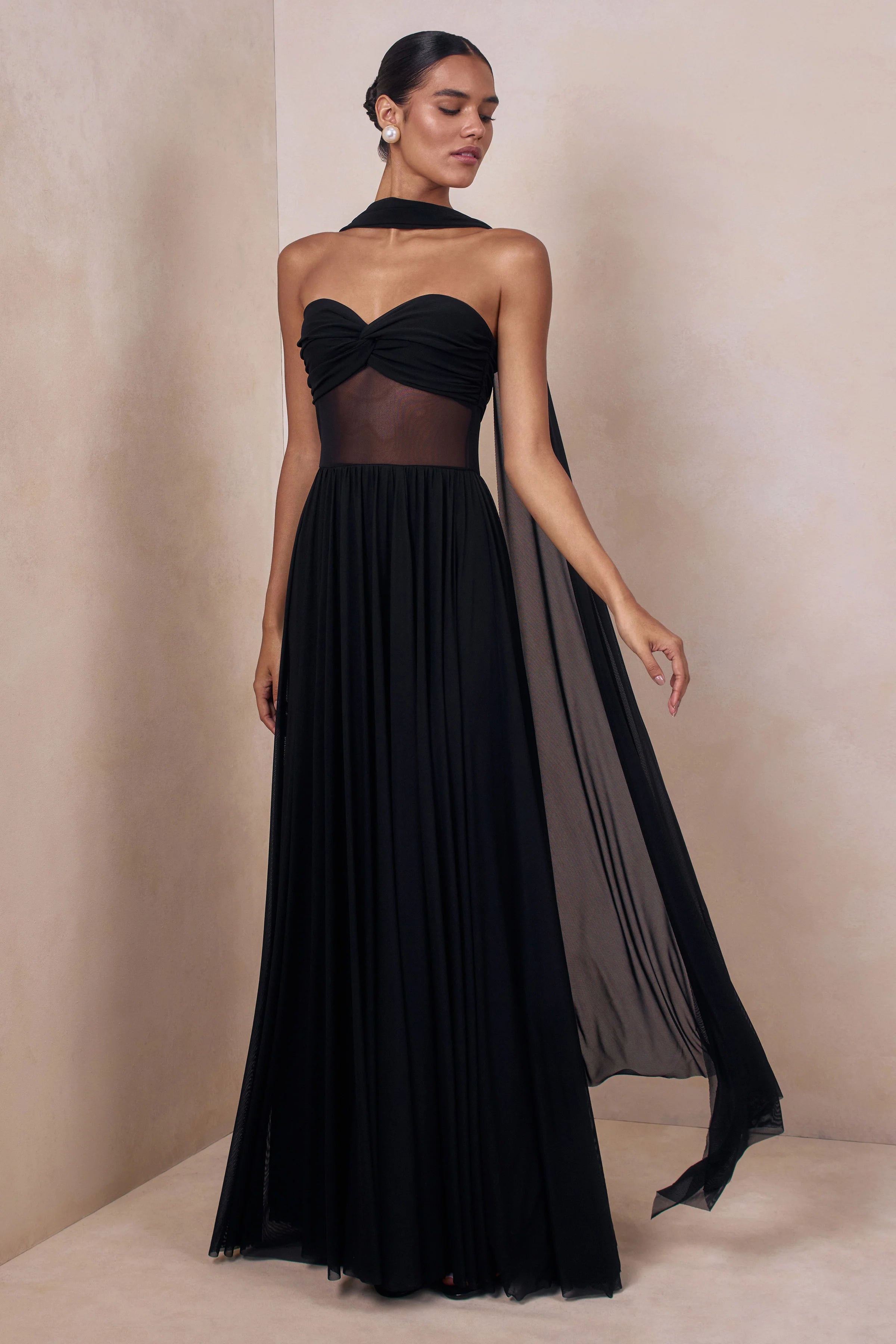 Lyvoria Black Bandeau Maxi Dress With Mesh Detail And Scarf
