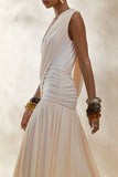 Glorina Cream Plunge Neck Maxi Dress With Draped Detailing