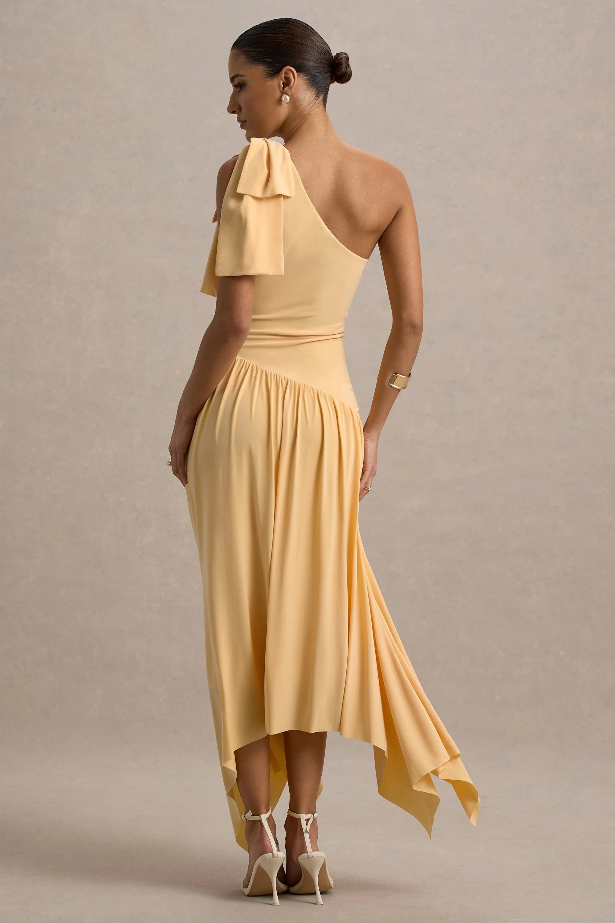 Lotus Love Orange One Shoulder Hanky Hem Maxi Dress With Bow