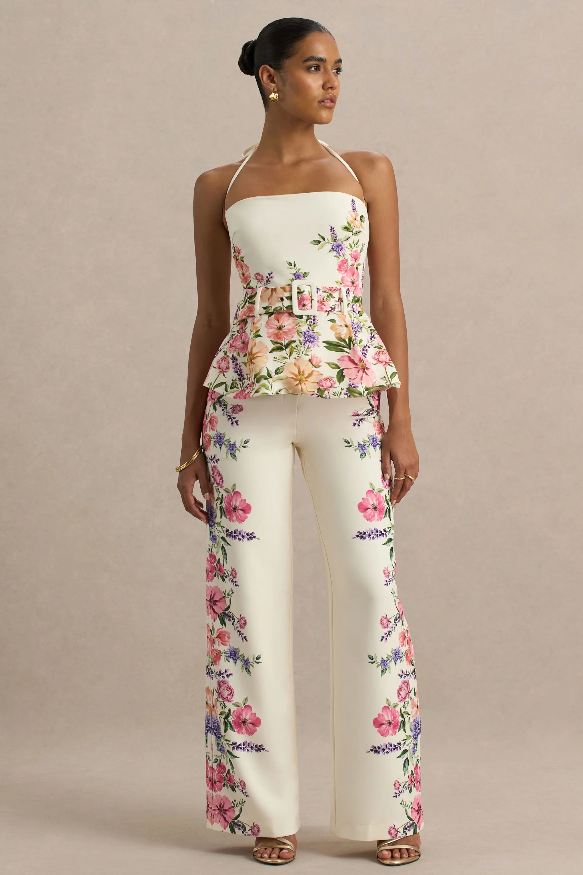Solana White Floral Border Print Wide Leg Trousers