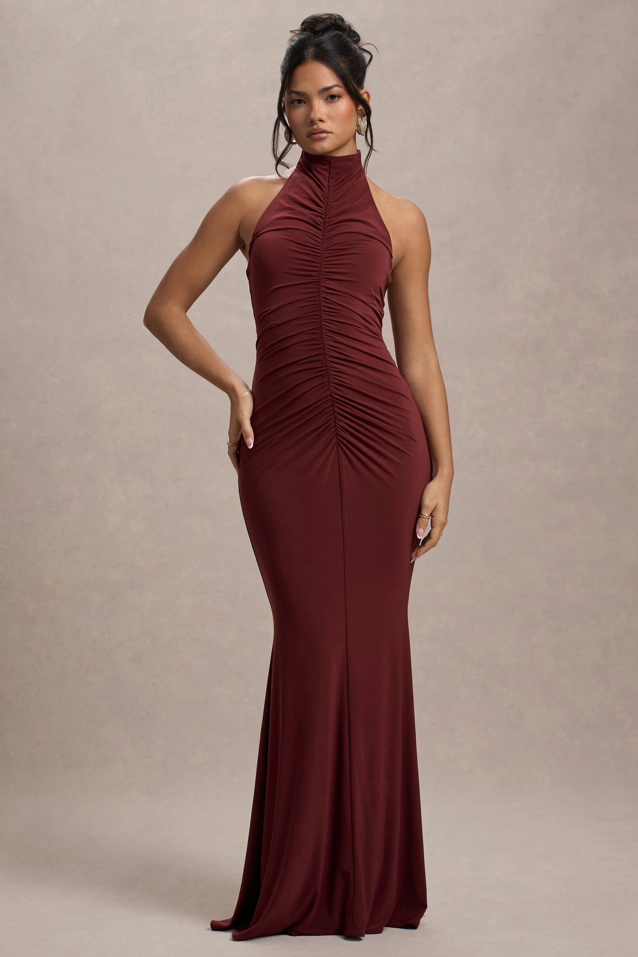 Arietta Port High Neck Ruched Fishtail Maxi Dress