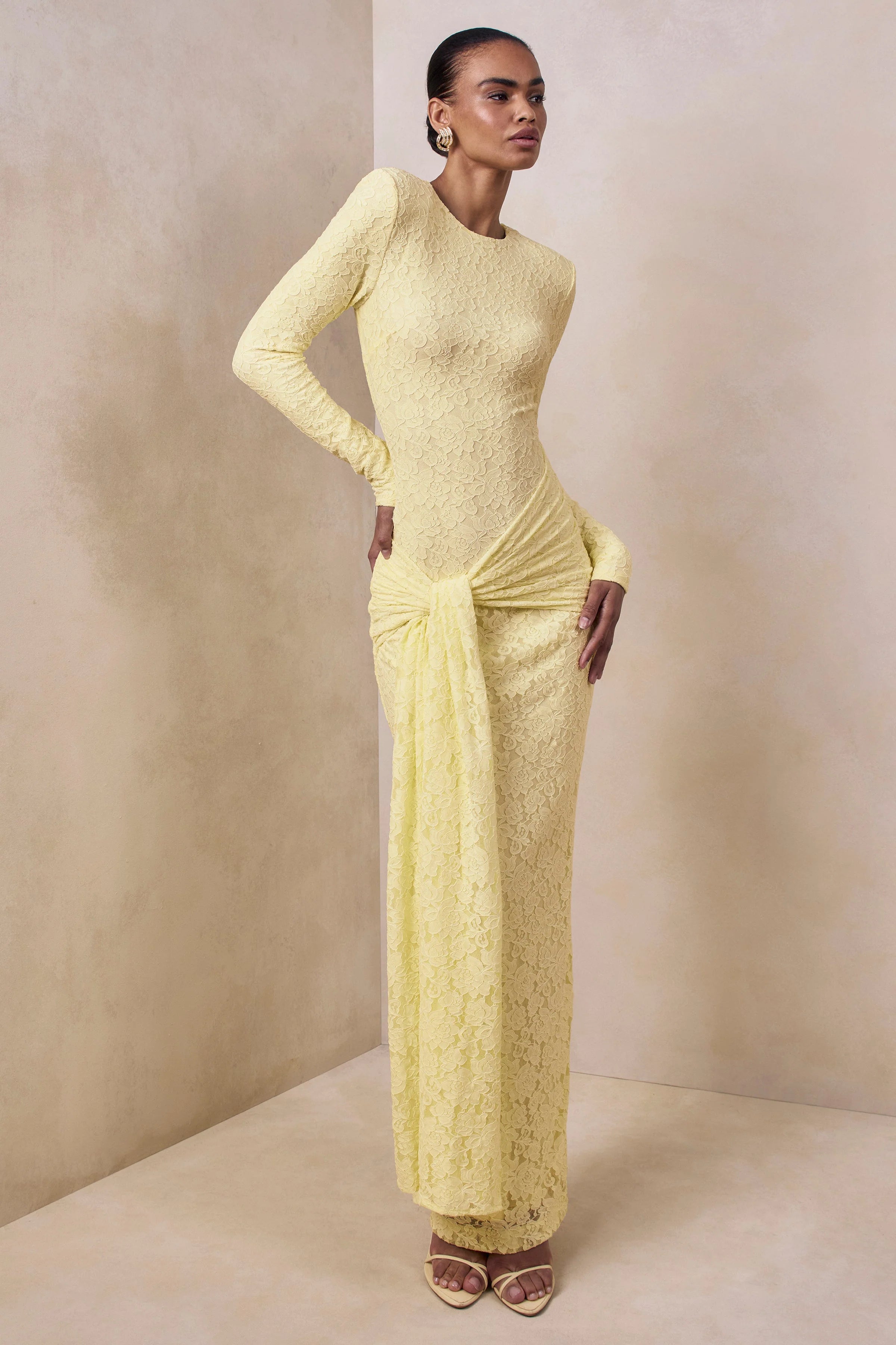 Evangela Lemon Lace Crew Neck Maxi Dress With Wrap Detail