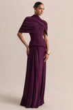 Evelisse Plum High Neck Maxi Dress With Short Cape Sleeves