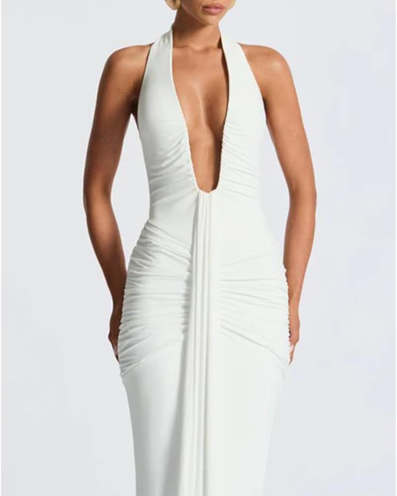 Women Deep V Neck Ruched Maxi Dress Sleeveless Halter Gown Cocktail Evening Formal Dresses