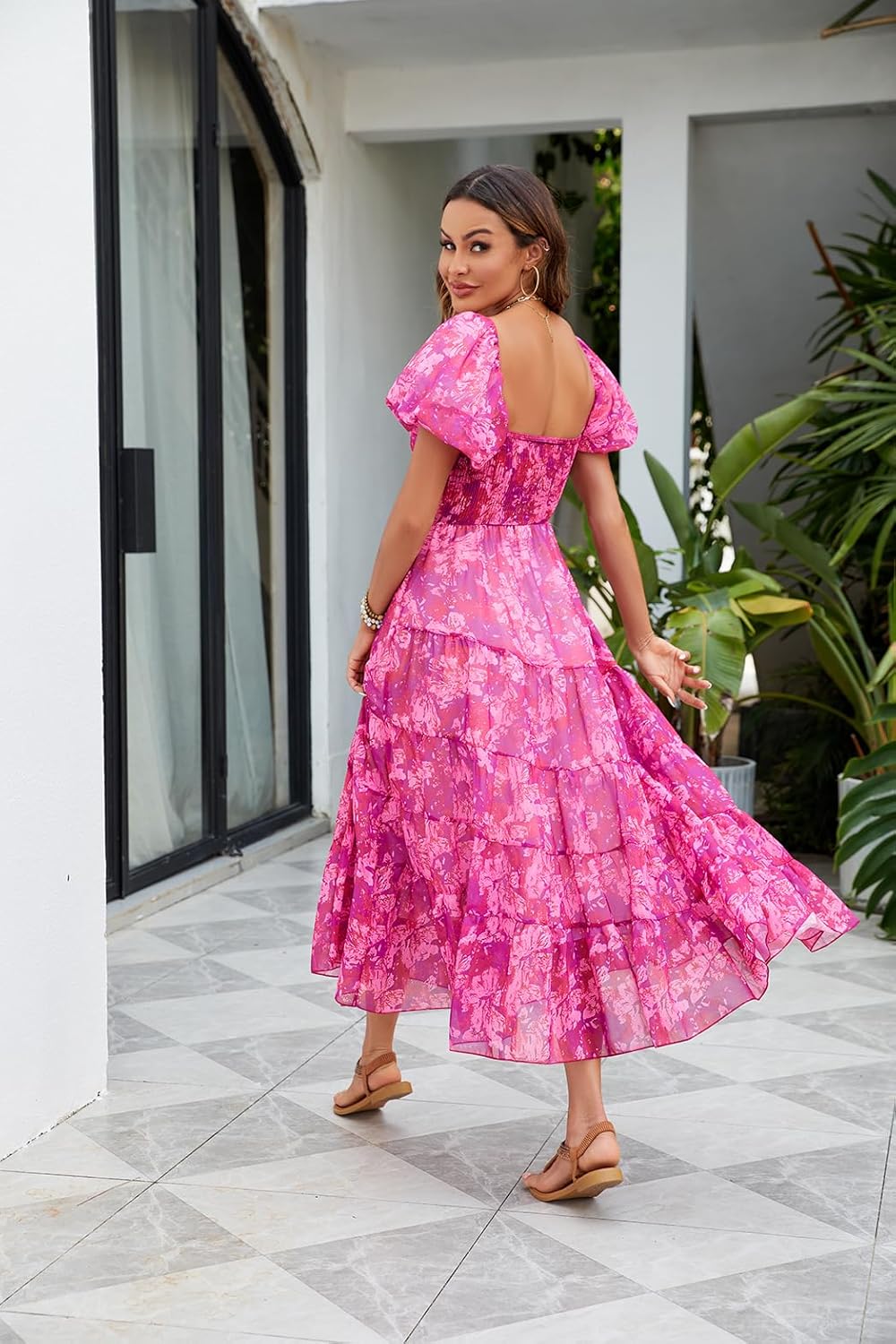 Women Floral Maxi Dress Short Puff Sleeve V Neck Bohemian Flowy Dress Smocked Casual Spring Summer Dresses