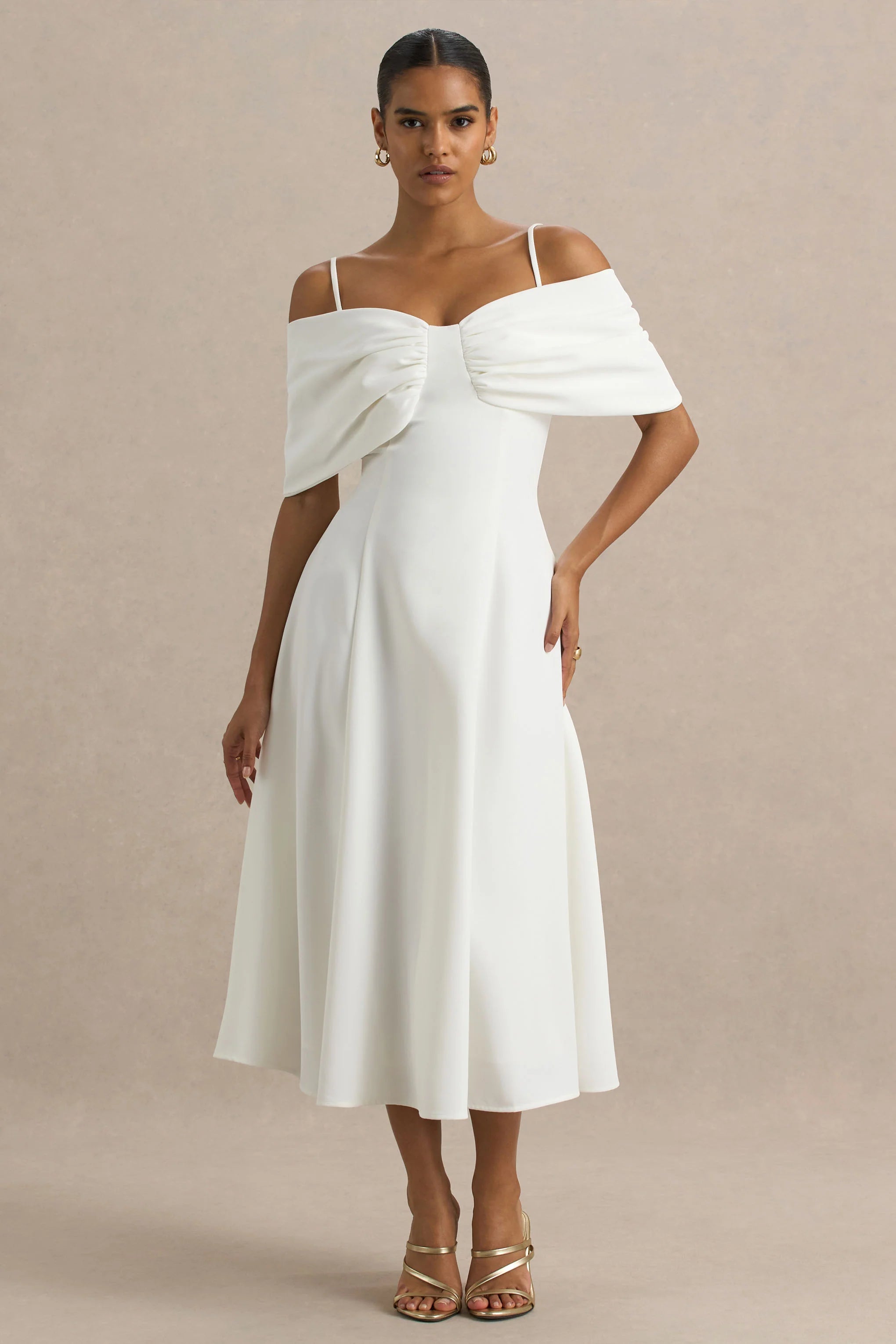 Hettie White Short Sleeve Bardot Midi Dress With Bow Detail