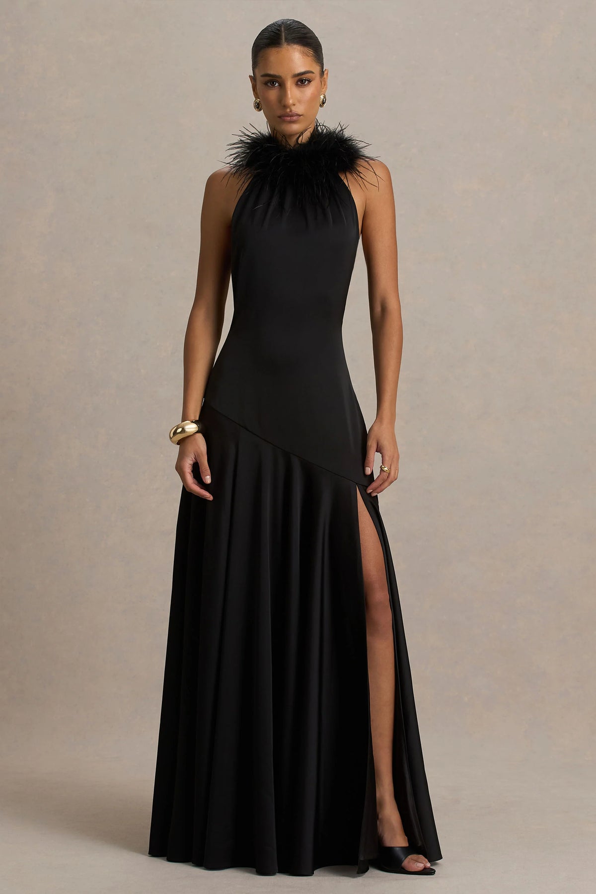 Jemima Black Satin Halter Neck Maxi Dress With Feather Trim