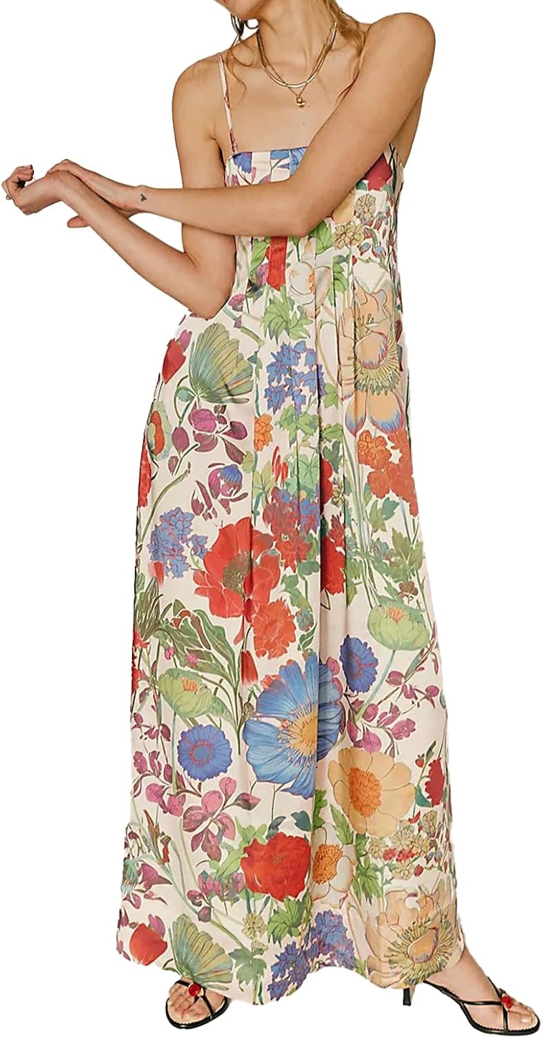 Women Boho Floral Maxi Dress Backless Spaghetti Strap A Line Flowy Summer Vacation Long Dress
